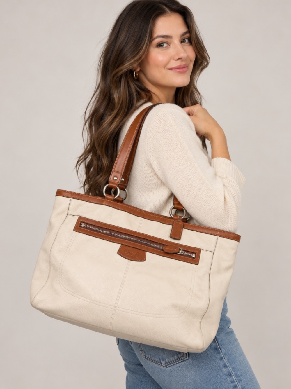 Coach Penelope Large Shopper Tote Cream White Pebbled Leather Brown Trim F14684